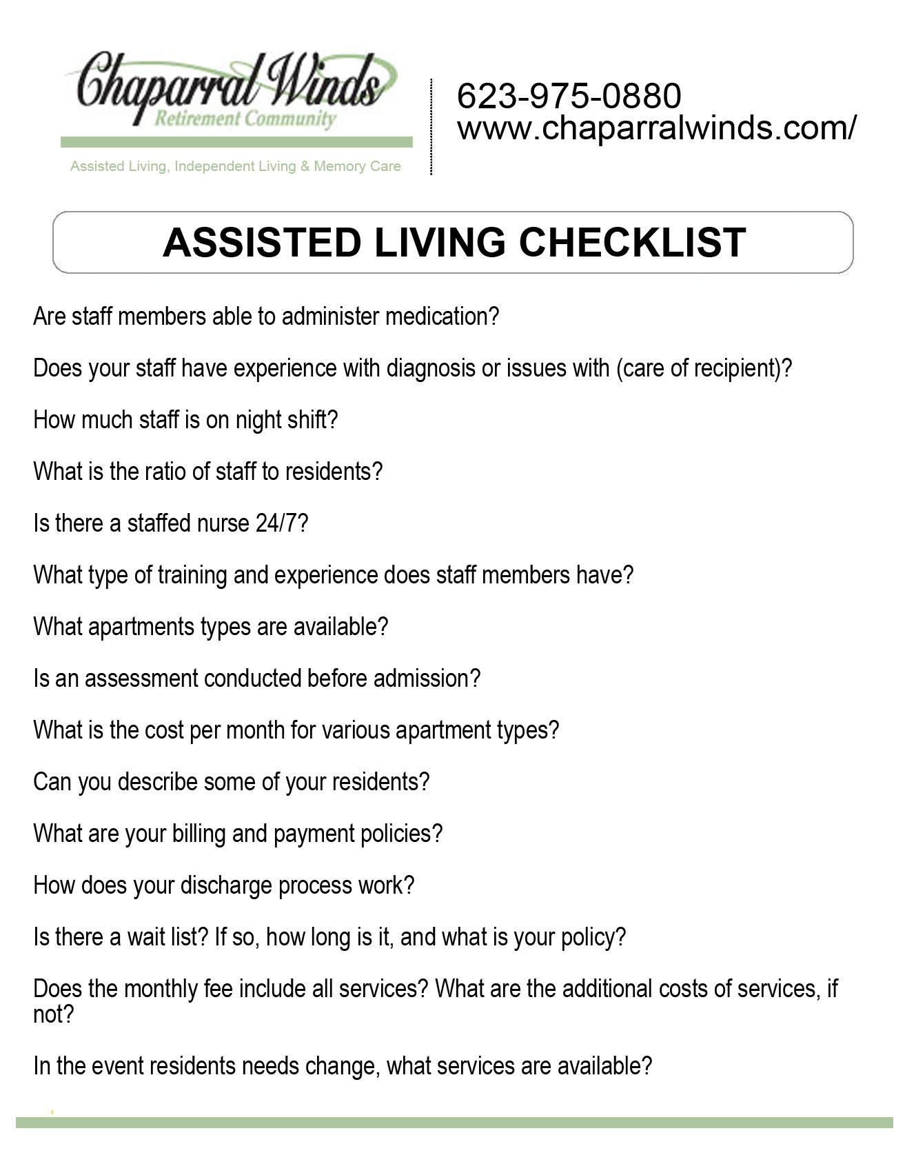 Assisted Living Checklist Chaparral Winds Retirement Community